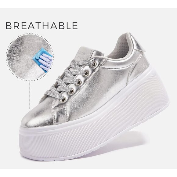 Brand New Women Silver Rubber Platform Sneakers Wedge Walking Shoes Retro - Picture 2 of 8